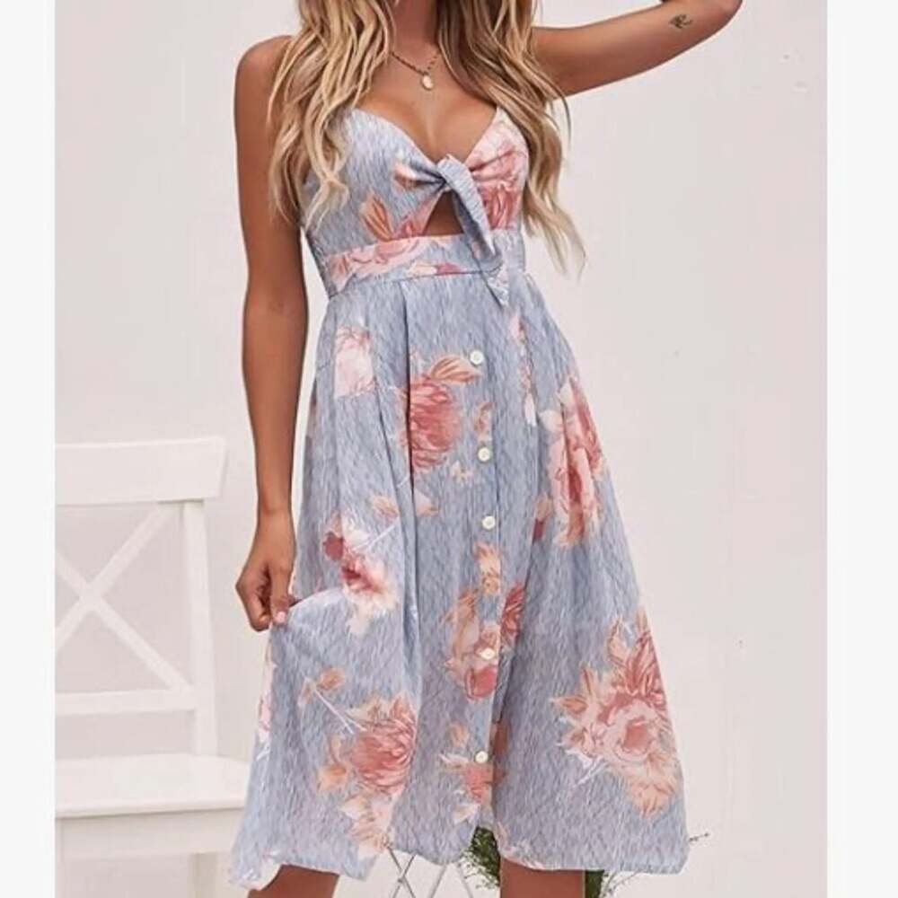 ECOWISH Women's Tie Front Floral Striped Midi Dress V-Neck Spaghetti Strap Butto - Picture 1 of 8